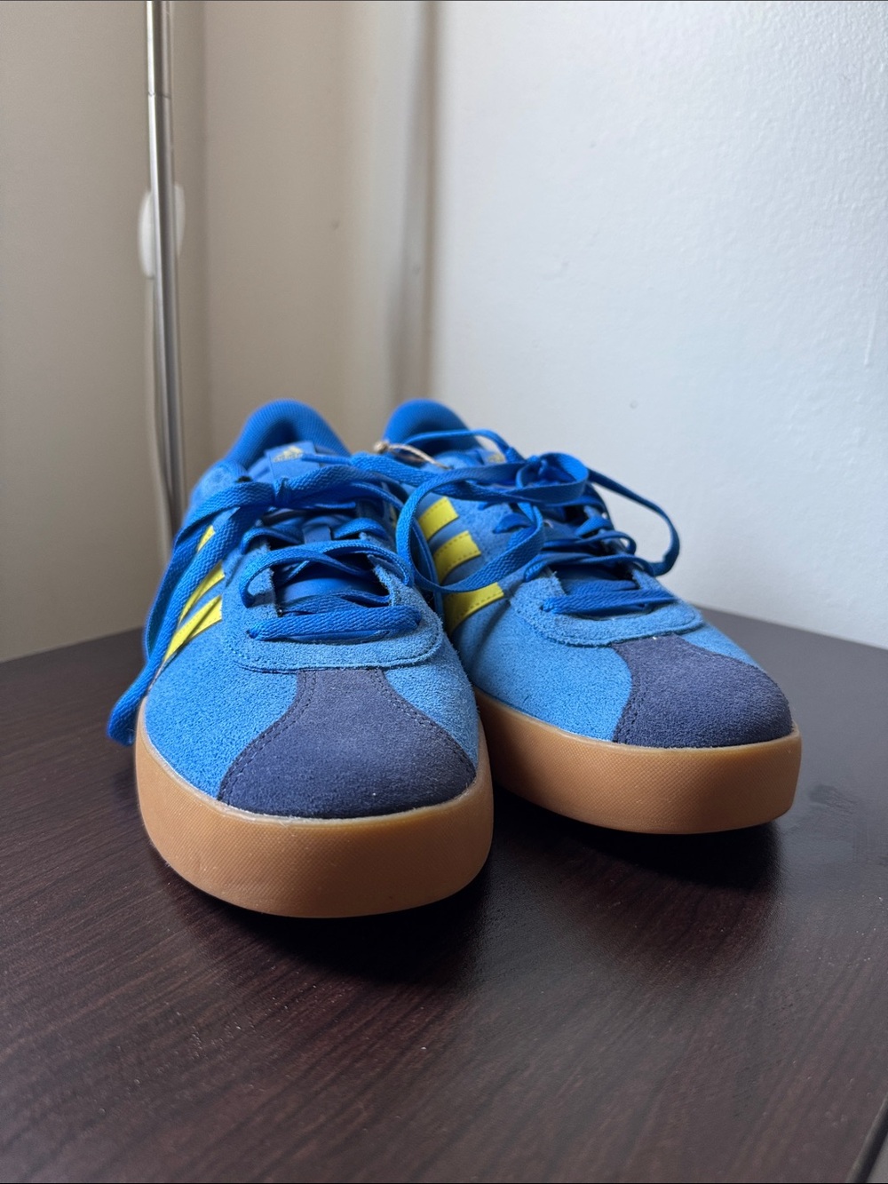 Men’s Adidas Blue Suede Sneakers with Yellow Stripes and Gum Sole